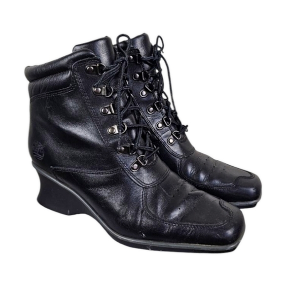 Timberland Hill Leather Square Toe Boots Sz 7 Black Lace Up Wedge Heel Victorian - Picture 1 of 16